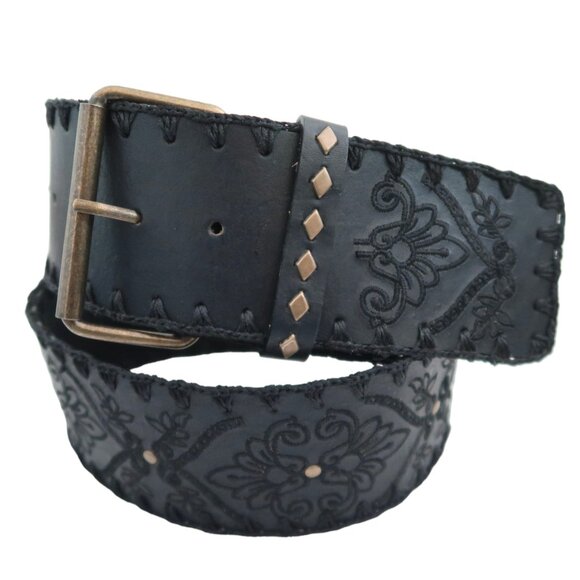 OSCAR DE LA RENTA black wide embroidered leather belt sz M - Picture 1 of 6